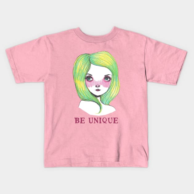 Be Unique: Pretty Green Haired Girl Kids T-Shirt by Tessa McSorley